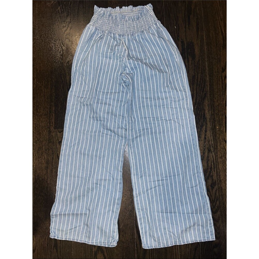 Blue Spice Light Blue and White Striped 100% Cotton Wide Leg Pants Medium